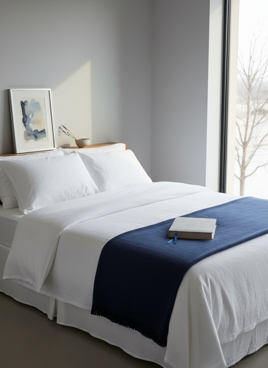 A neatly made bed with crisp white linen and a single folded navy blanket at the foot, centered in a minimal, softly lit bedroom. On the bedside table, a framed abstract watercolor featuring muted blues and grays leans against the wall, next to a small ceramic bowl holding a dried lavender sprig. A closed, linen-covered journal with a ribbon bookmark lies on the duvet, its texture subtly catching the light. Gentle, diffused morning light filters through a nearby window, creating a serene, photographic scene with soft shadows and a peaceful, introspective mood. Shot from a slightly elevated angle with a balanced composition, evoking a quiet space where someone might sit with their grief and memories.